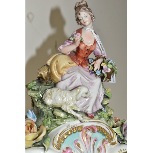 350 - A LARGE FIGURAL PORCELAIN MANTEL CLOCK, Capodimonte, height 45.5cm battery operated, decorated with ... 