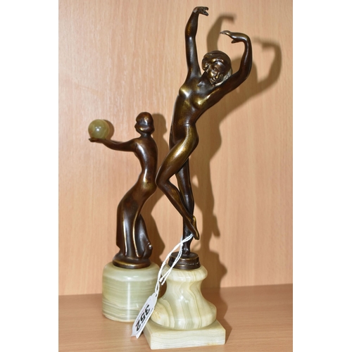 352 - TWO MODERN ART DECO STYLE BRONZED FIGURES,  comprising a woman balancing a ball of green onyx, heigh... 