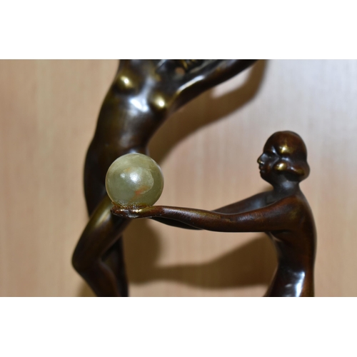 352 - TWO MODERN ART DECO STYLE BRONZED FIGURES,  comprising a woman balancing a ball of green onyx, heigh... 