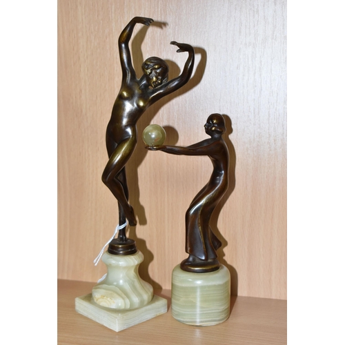 352 - TWO MODERN ART DECO STYLE BRONZED FIGURES,  comprising a woman balancing a ball of green onyx, heigh... 