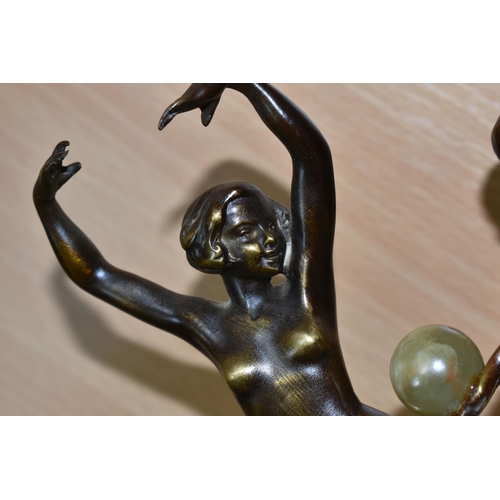 352 - TWO MODERN ART DECO STYLE BRONZED FIGURES,  comprising a woman balancing a ball of green onyx, heigh... 