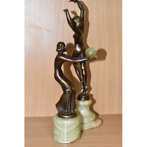 352 - TWO MODERN ART DECO STYLE BRONZED FIGURES,  comprising a woman balancing a ball of green onyx, heigh... 