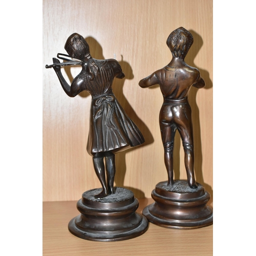 354 - A PAIR OF CAST BRONZED METAL MUSICIAN FIGURES, comprising a female playing a violin and a male playi... 