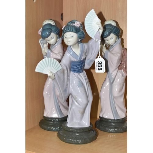 355 - THREE LLADRO JAPANESE GEISHA, comprising 4991 Madame Butterfly, two 4990 Chrysanthemum figures, heig... 