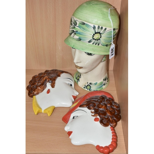 357 - TWO MOORLAND POTTERY WALL MASKS AND A 1920'S STYLE BUST, comprising two Moorland Pottery Art Deco st... 