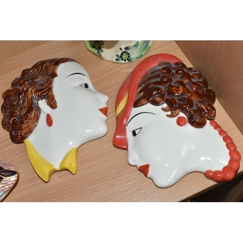 357 - TWO MOORLAND POTTERY WALL MASKS AND A 1920'S STYLE BUST, comprising two Moorland Pottery Art Deco st... 