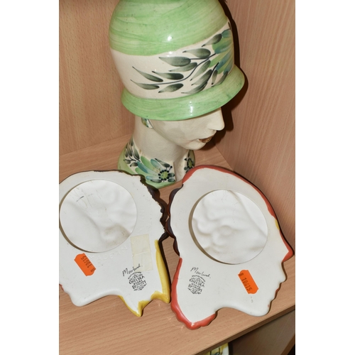 357 - TWO MOORLAND POTTERY WALL MASKS AND A 1920'S STYLE BUST, comprising two Moorland Pottery Art Deco st... 