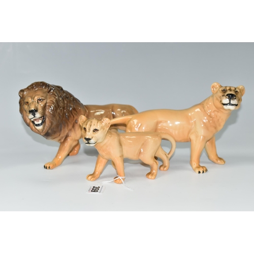 359 - A FAMILY OF BESWICK LIONS, three figures comprising model numbers  2089 Lion, 2097 Lioness and 2098 ... 