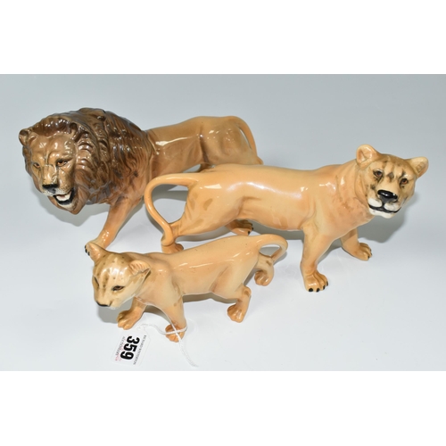 359 - A FAMILY OF BESWICK LIONS, three figures comprising model numbers  2089 Lion, 2097 Lioness and 2098 ... 