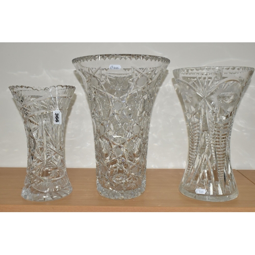 366 - THREE LARGE CUT CRYSTAL VASES, of different designs, no noticeable maker's marks, tallest 34cm (3) (... 