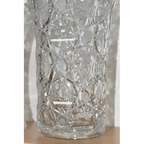 366 - THREE LARGE CUT CRYSTAL VASES, of different designs, no noticeable maker's marks, tallest 34cm (3) (... 