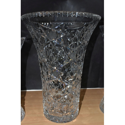 366 - THREE LARGE CUT CRYSTAL VASES, of different designs, no noticeable maker's marks, tallest 34cm (3) (... 