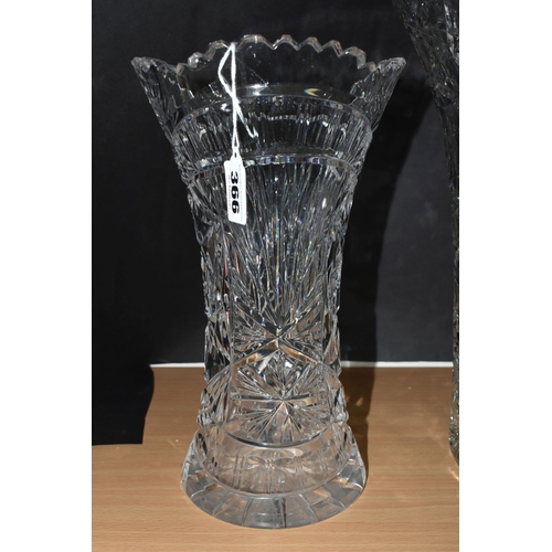 366 - THREE LARGE CUT CRYSTAL VASES, of different designs, no noticeable maker's marks, tallest 34cm (3) (... 