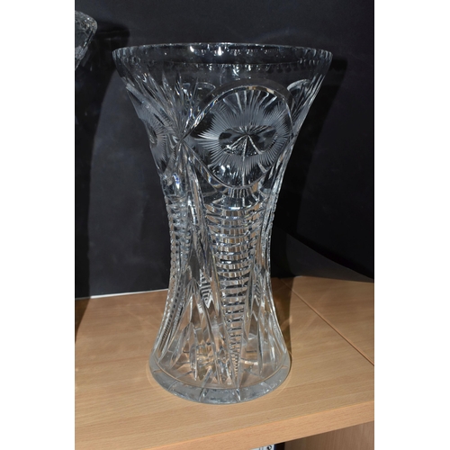 366 - THREE LARGE CUT CRYSTAL VASES, of different designs, no noticeable maker's marks, tallest 34cm (3) (... 