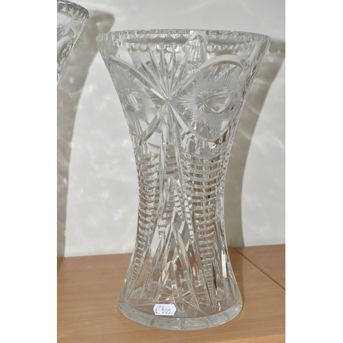 366 - THREE LARGE CUT CRYSTAL VASES, of different designs, no noticeable maker's marks, tallest 34cm (3) (... 