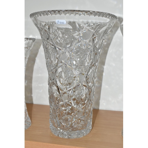 366 - THREE LARGE CUT CRYSTAL VASES, of different designs, no noticeable maker's marks, tallest 34cm (3) (... 