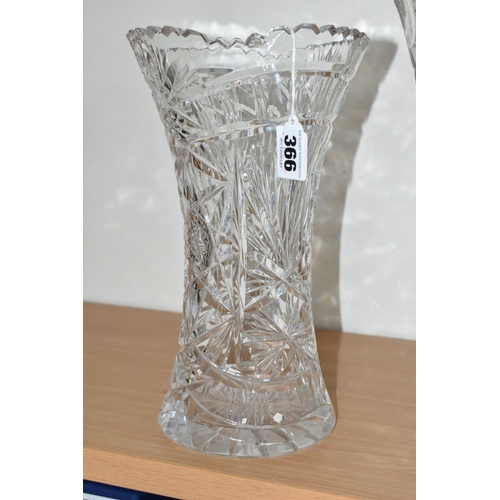 366 - THREE LARGE CUT CRYSTAL VASES, of different designs, no noticeable maker's marks, tallest 34cm (3) (... 