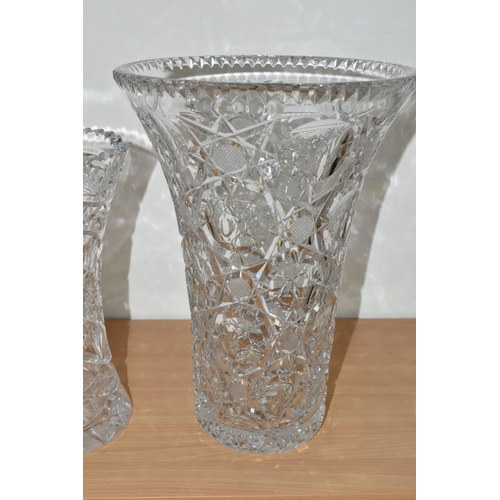 366 - THREE LARGE CUT CRYSTAL VASES, of different designs, no noticeable maker's marks, tallest 34cm (3) (... 