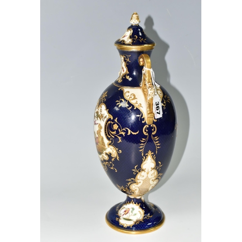 367 - A COALPORT COVERED PEDESTAL VASE, with pierced twin handles, a cobalt blue patterned ground with rai... 