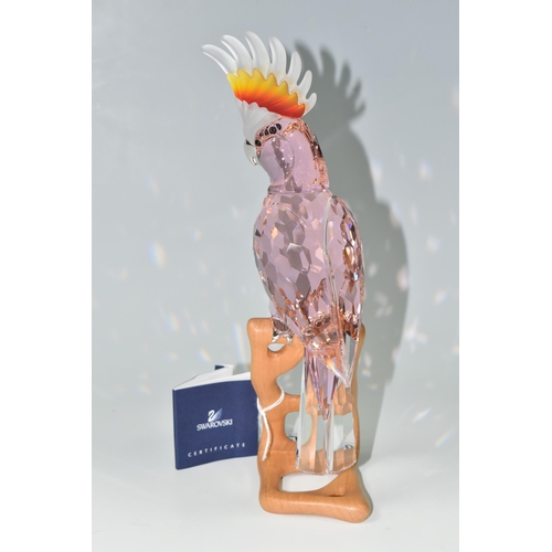 370 - A BOXED SWAROVSKI CRYSTAL BIRDS OF PARADISE 'COCKATOO RED' SCULPTURE, model no 718565, on a wooden s... 