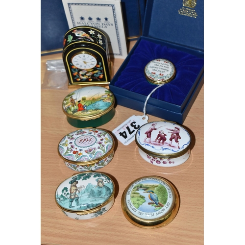 374 - A GROUP OF HALCYON DAYS ENAMEL TRINKET BOXES, ETC, to include a boxed 'The Conquest of Happiness, Be... 