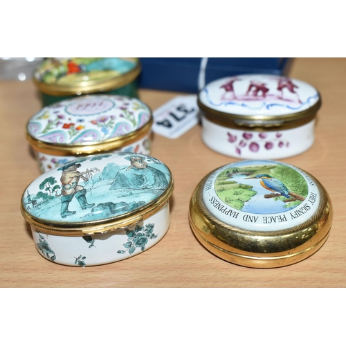 374 - A GROUP OF HALCYON DAYS ENAMEL TRINKET BOXES, ETC, to include a boxed 'The Conquest of Happiness, Be... 