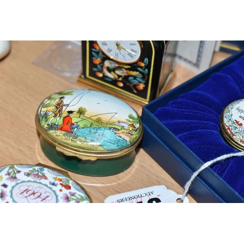 374 - A GROUP OF HALCYON DAYS ENAMEL TRINKET BOXES, ETC, to include a boxed 'The Conquest of Happiness, Be... 