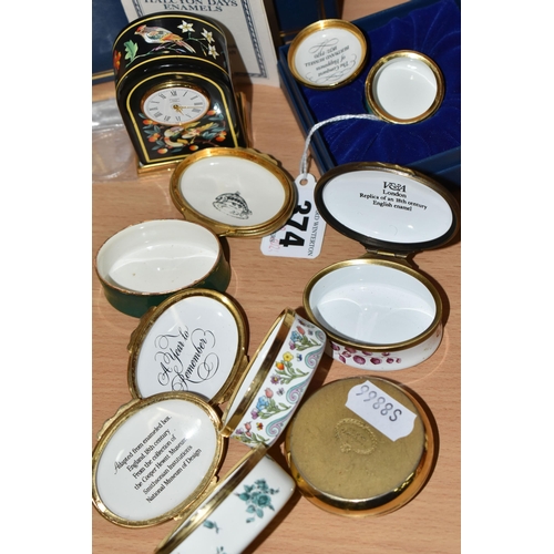 374 - A GROUP OF HALCYON DAYS ENAMEL TRINKET BOXES, ETC, to include a boxed 'The Conquest of Happiness, Be... 