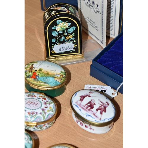 374 - A GROUP OF HALCYON DAYS ENAMEL TRINKET BOXES, ETC, to include a boxed 'The Conquest of Happiness, Be... 