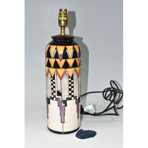 378 - A MOORCROFT POTTERY 'DERNGATE' PATTERN TABLE LAMP, of cylindrical form, the geometric Charles Rennie... 