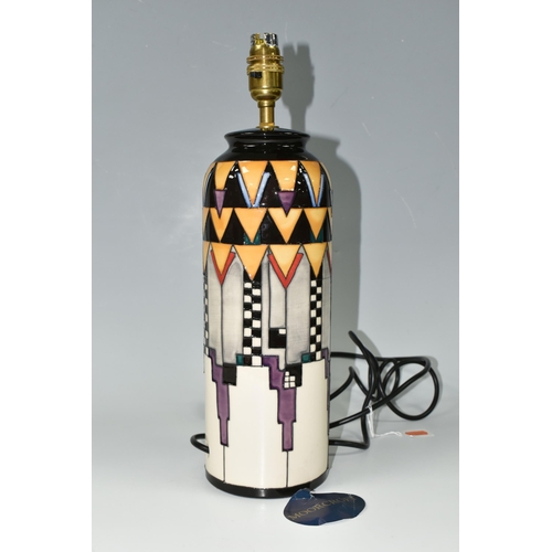 378 - A MOORCROFT POTTERY 'DERNGATE' PATTERN TABLE LAMP, of cylindrical form, the geometric Charles Rennie... 