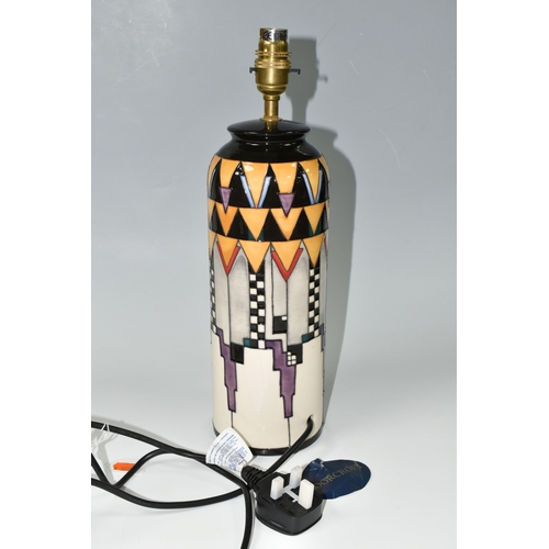 378 - A MOORCROFT POTTERY 'DERNGATE' PATTERN TABLE LAMP, of cylindrical form, the geometric Charles Rennie... 