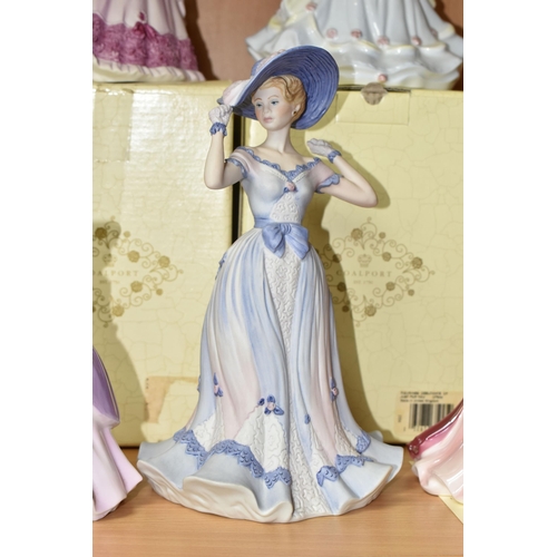 381 - SEVEN COALPORT FIGURINES, comprising limited edition Ladies of Fashion 'Joanne' Figurine of the Year... 