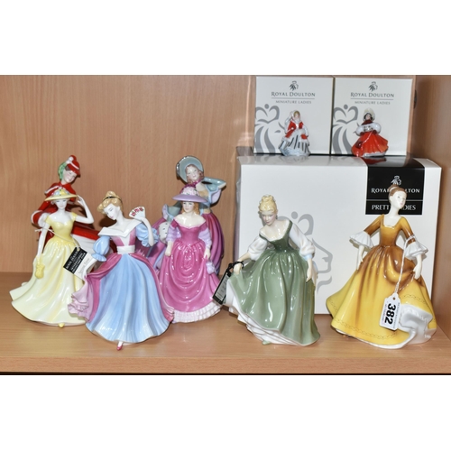 382 - NINE ROYAL DOULTON FIGURINES, comprising Pretty Ladies: Best of the Classics Amy HN4782 - Figure of ... 