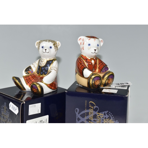 383 - TWO BOXED ROYAL CROWN DERBY SCOTTISH TEDDY  PAPERWEIGHTS, comprising Scottish Teddy - Fraser, with g... 