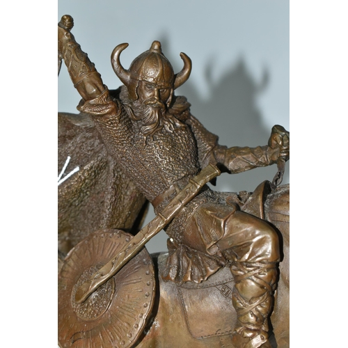 393 - A MODERN BRONZE SCULPTURE OF A VIKING WARRIOR, depicting the warrior on horseback in battle, signed ... 