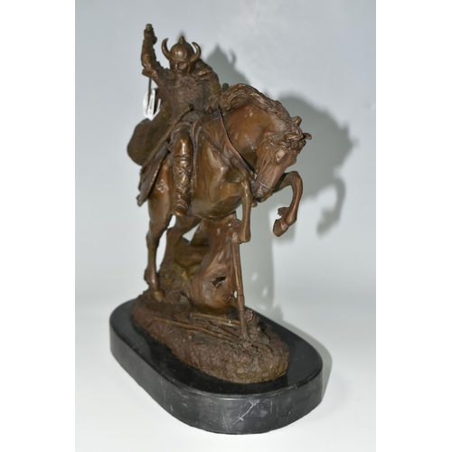 393 - A MODERN BRONZE SCULPTURE OF A VIKING WARRIOR, depicting the warrior on horseback in battle, signed ... 