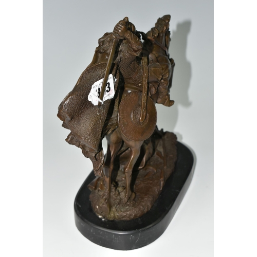 393 - A MODERN BRONZE SCULPTURE OF A VIKING WARRIOR, depicting the warrior on horseback in battle, signed ... 