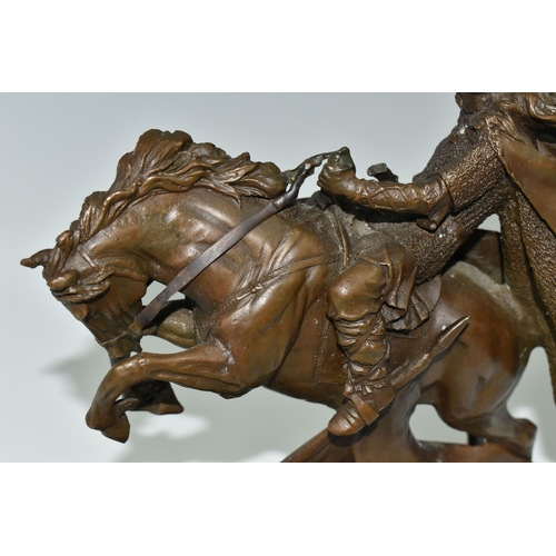 393 - A MODERN BRONZE SCULPTURE OF A VIKING WARRIOR, depicting the warrior on horseback in battle, signed ... 