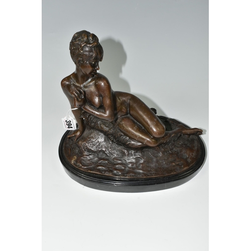 394 - A MODERN BRONZE SCULPTURE, 'Young Woman Bathing' (after Mme. Leon Bertaux) on an oval marble plinth,... 