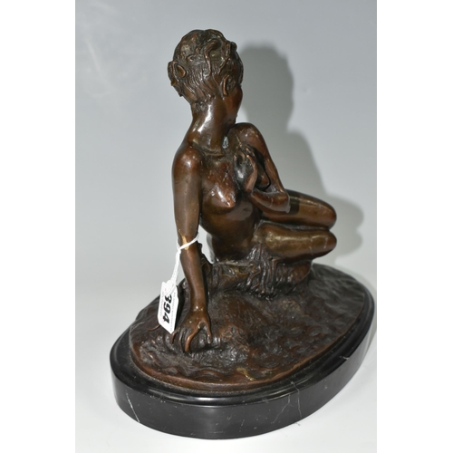 394 - A MODERN BRONZE SCULPTURE, 'Young Woman Bathing' (after Mme. Leon Bertaux) on an oval marble plinth,... 