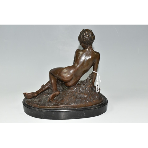 394 - A MODERN BRONZE SCULPTURE, 'Young Woman Bathing' (after Mme. Leon Bertaux) on an oval marble plinth,... 