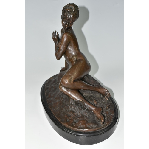 394 - A MODERN BRONZE SCULPTURE, 'Young Woman Bathing' (after Mme. Leon Bertaux) on an oval marble plinth,... 