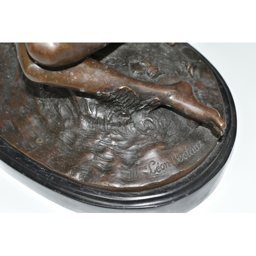 394 - A MODERN BRONZE SCULPTURE, 'Young Woman Bathing' (after Mme. Leon Bertaux) on an oval marble plinth,... 