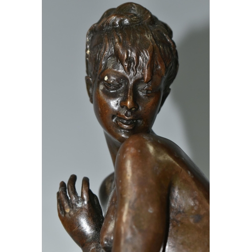 394 - A MODERN BRONZE SCULPTURE, 'Young Woman Bathing' (after Mme. Leon Bertaux) on an oval marble plinth,... 