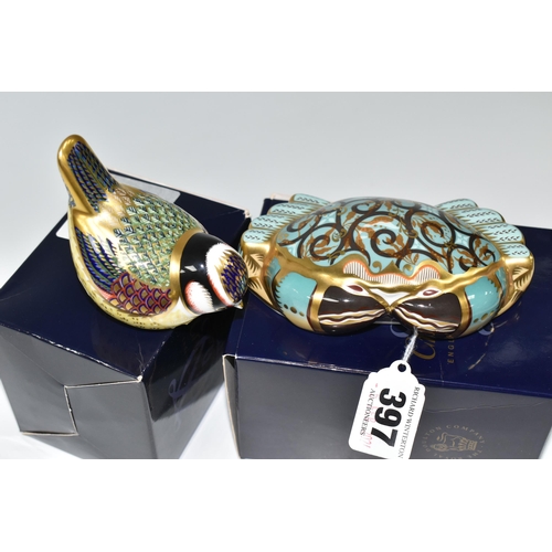 397 - TWO BOXED ROYAL CROWN DERBY PAPERWEIGHTS, comprising Cromer Crab - a Royal Doulton exclusive and Blu... 