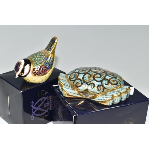 397 - TWO BOXED ROYAL CROWN DERBY PAPERWEIGHTS, comprising Cromer Crab - a Royal Doulton exclusive and Blu... 