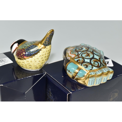 397 - TWO BOXED ROYAL CROWN DERBY PAPERWEIGHTS, comprising Cromer Crab - a Royal Doulton exclusive and Blu... 