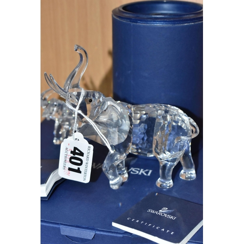 401 - TWO BOXED SWAROVSKI CRYSTAL ELEPHANTS, comprising Elephant Mother no 678945, designer Heinz Tabertsh... 