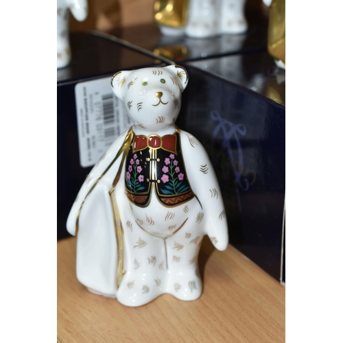 403 - SIX ROYAL CROWN DERBY MINIATURE TEDDIES 'SHOPPER BEAR' FIGURES, comprising Born to Shop at Goviers f... 